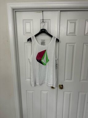 Volcom White Tank with Pink, Green and Black Geometric Graphic